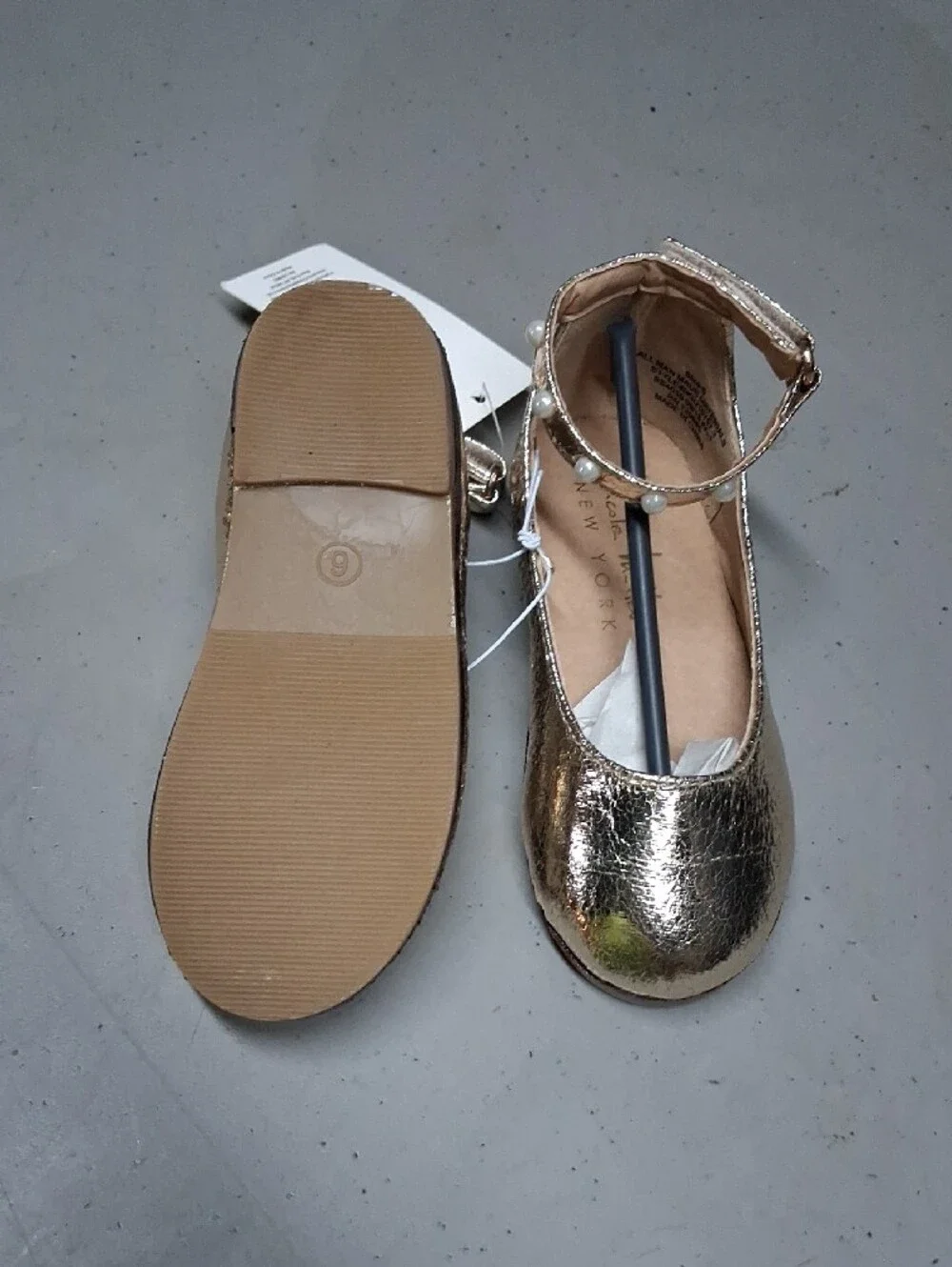 Nicole Miller Metallic Gold Pearl-Strap Girls Dress Flats